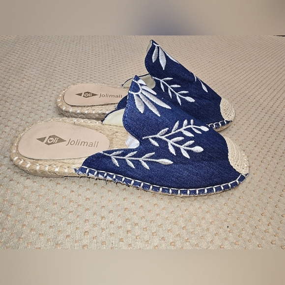 Jolimall Women Slip on Denim  Woven Embroidered Flat Slides Size 8 Blue - Picture 7 of 9